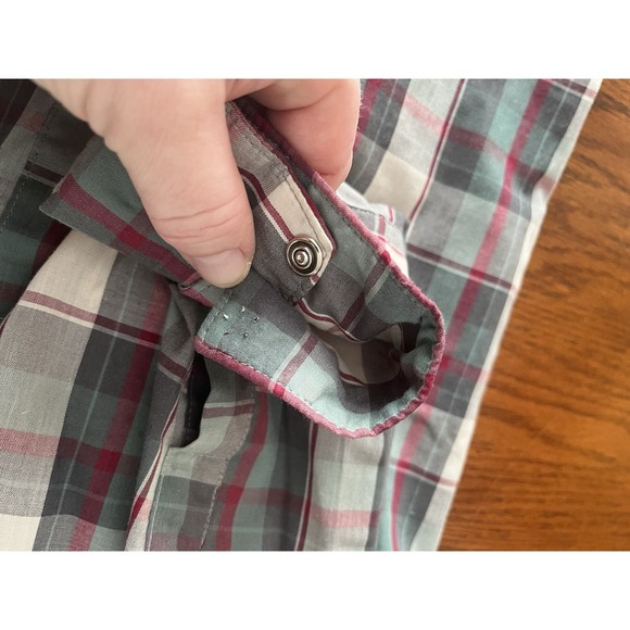 vintage Western Frontier Mens Large Pearl Snap Long Sleeve Plaid Maroon Gray - Picture 7 of 8